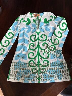 Tory Burch White Tunic with Green and Light Blue Scroll Print